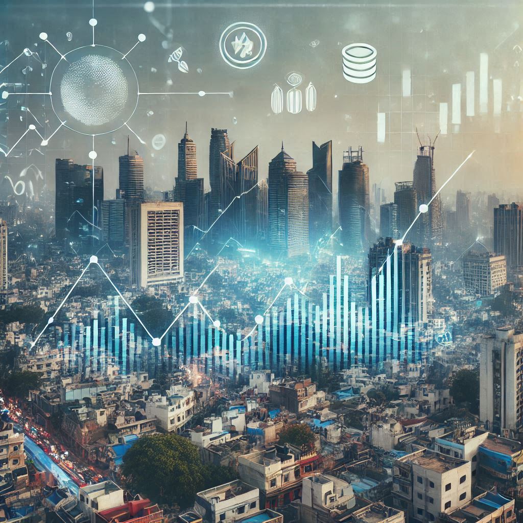 indias-growth-potential-nri-investments.jpg Aerial view of an Indian city skyline with stock market growth charts.