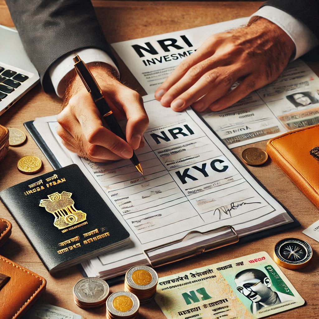 nri-eligibility-kyc-requirements.jpg An NRI filling KYC documents with a passport, PAN card, and address proof on the table.