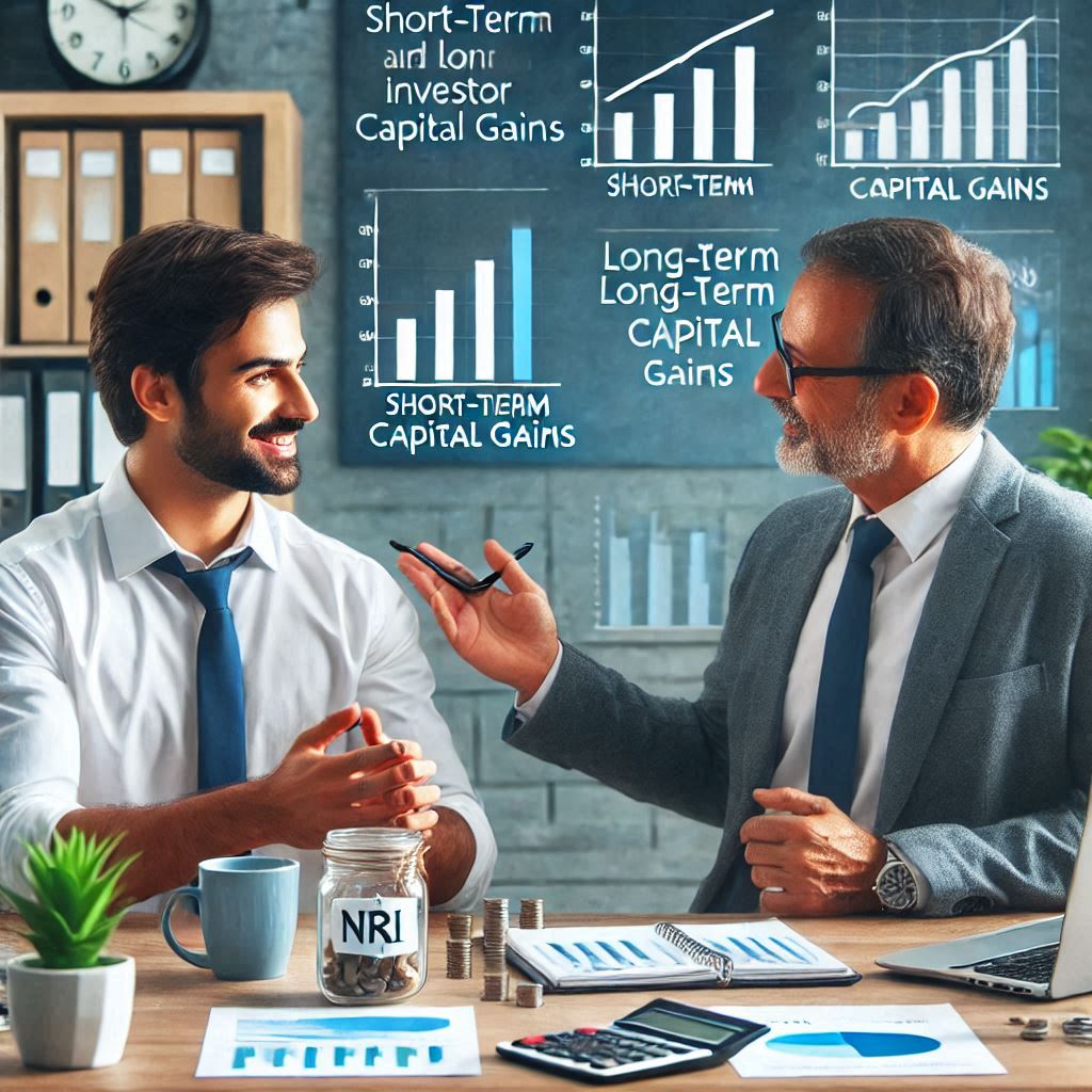 nri-mutual-fund-tax-implications.jpg A financial advisor explaining tax implications to an NRI with charts showing capital gains.