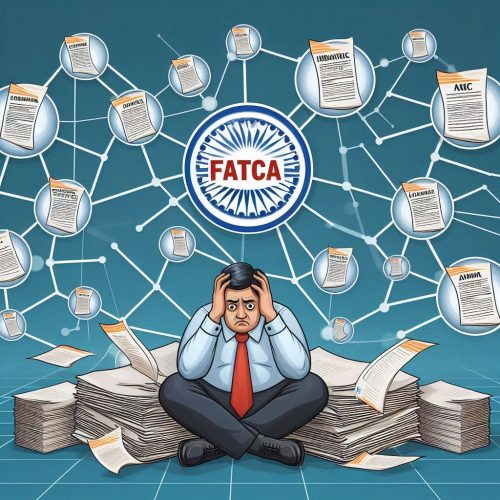An image depicting FATCA compliance difficulties with papers and compliance forms for NRIs.